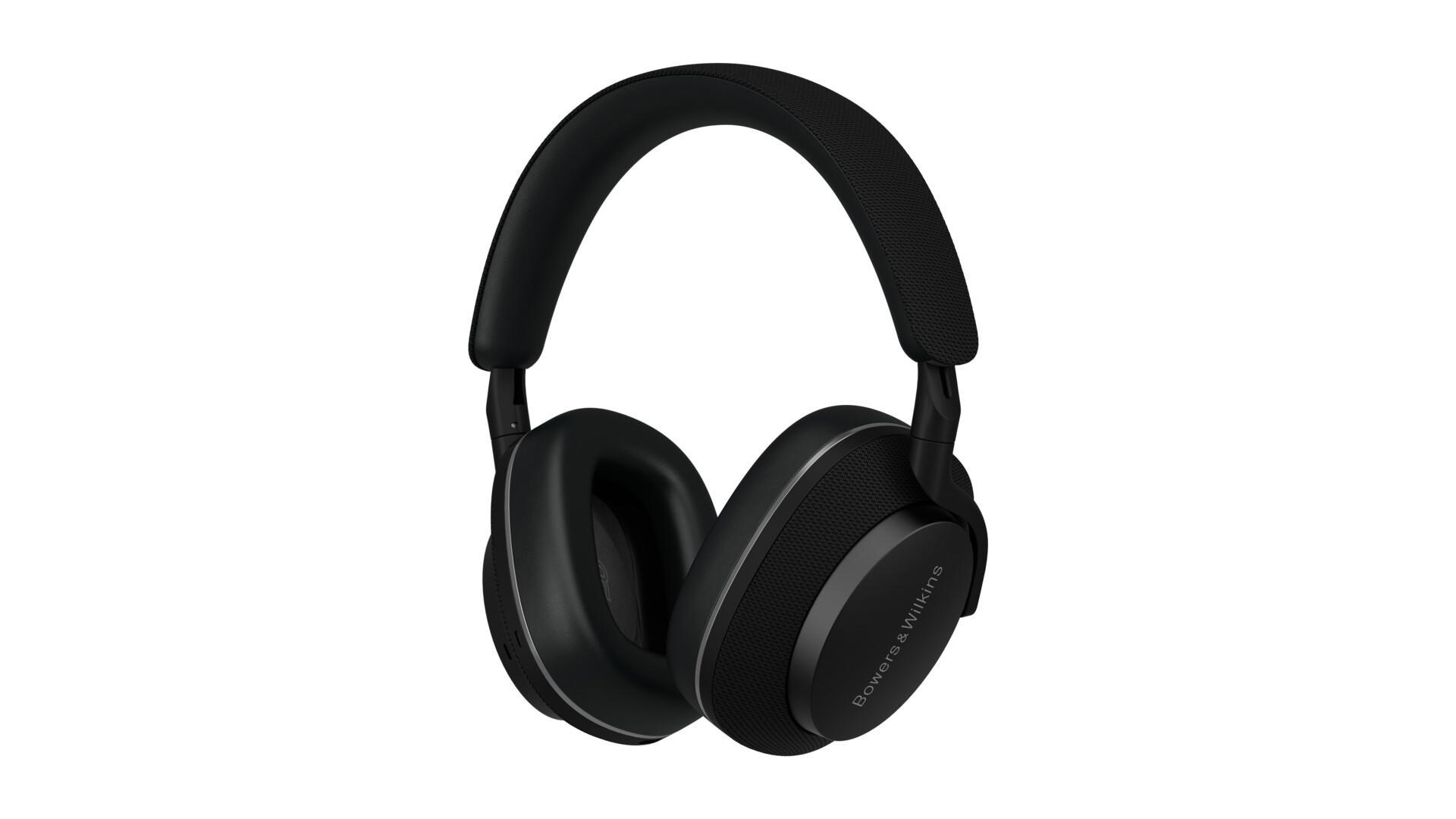 Cuffie Bowers & Wilkins nere su sfondo bianco. Padiglioni auricolari e fascia visibili.