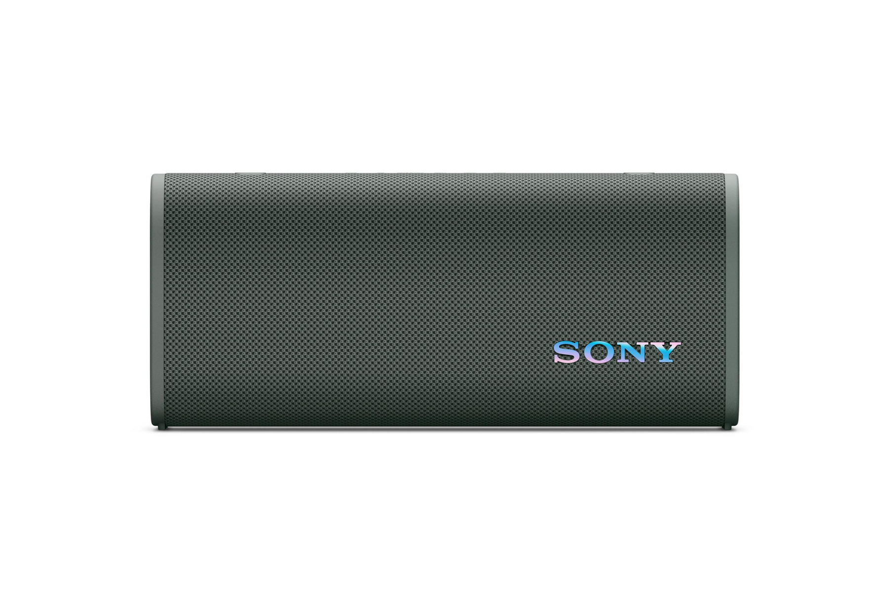 Altavoz rectangular gris oscuro con el logotipo SONY plateado sobre fondo blanco.
