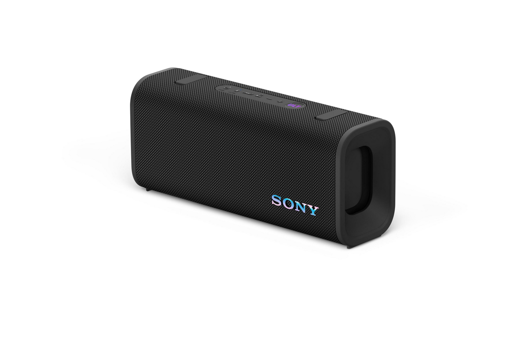 Schwarzer rechteckiger Lautsprecher mit SONY-Logo auf weißem Hintergrund.