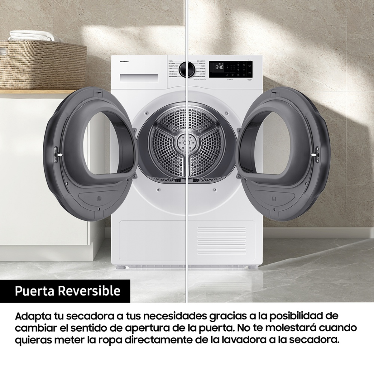Biała suszarka z funkcją odwracalnych drzwi, pokazująca otwarte drzwi po obu stronach.