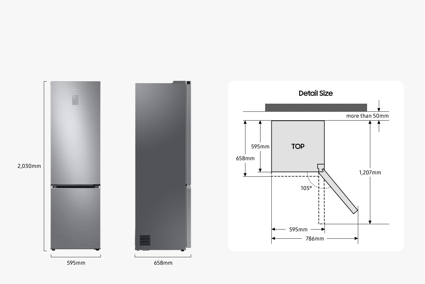 Un refrigerador con puerta de acero inoxidable. Diagramas muestran dimensiones y detalles del diseño.