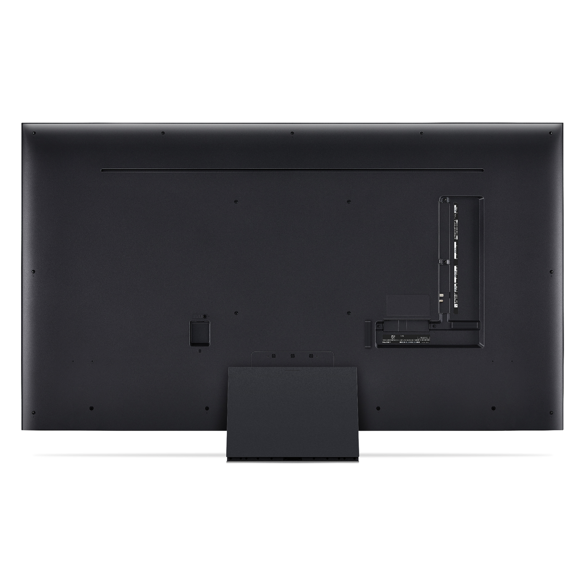 Die Rückseite eines großen, schwarzen LG-Fernsehers mit Anschlüssen und sichtbarem Ständer.