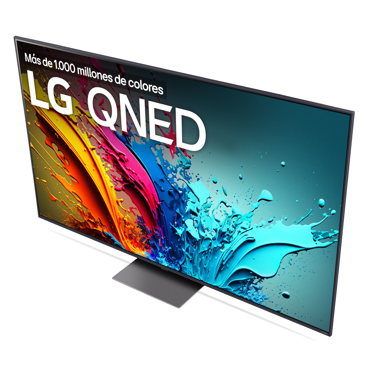 Ein LG QNED-Fernseher, der ein lebendiges abstraktes Bild mit farbenfrohen Spritzern auf weißem Hintergrund anzeigt.