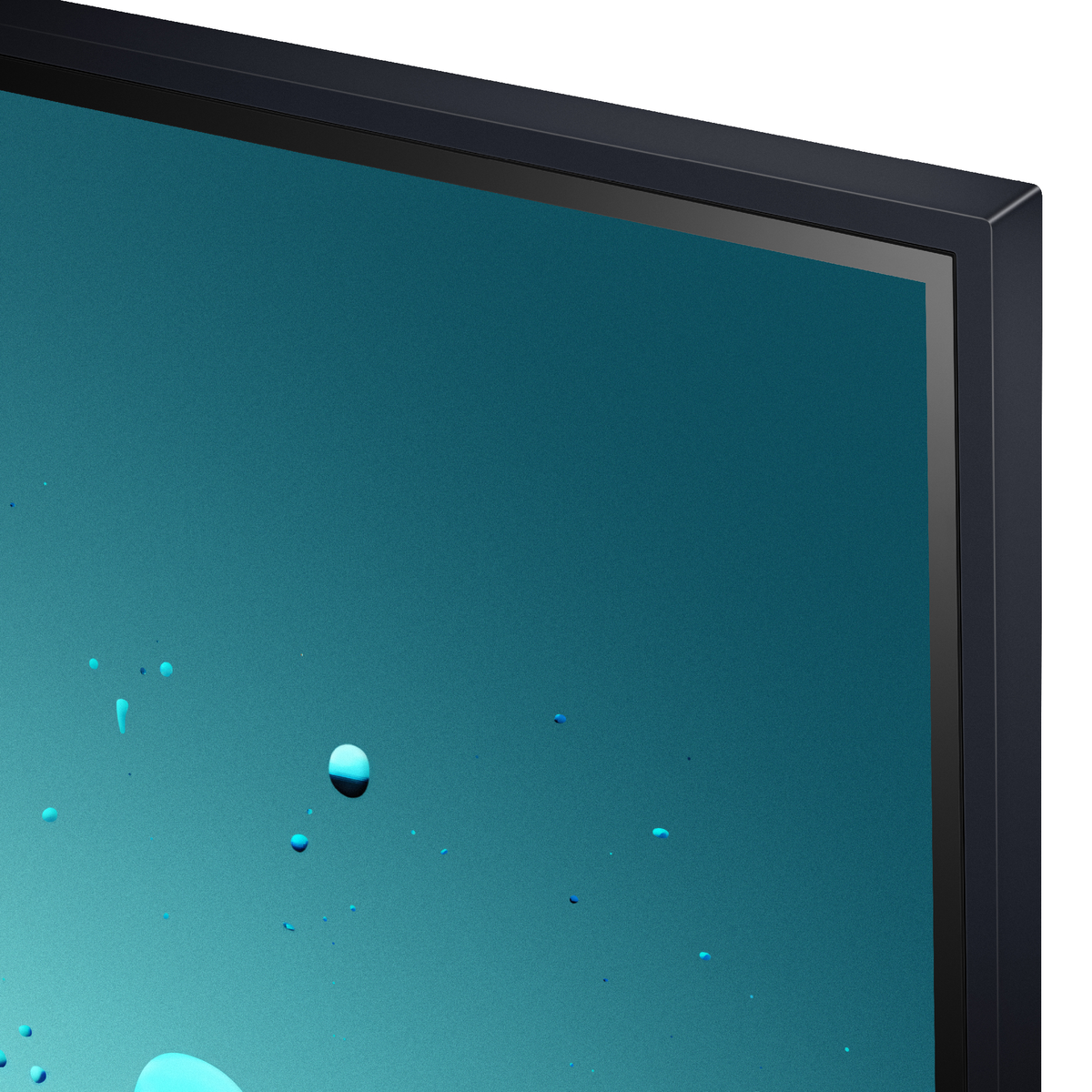Nahaufnahme eines schwarzen Monitorbildschirms mit dunkelblaugrünem Hintergrund und Wassertropfen.