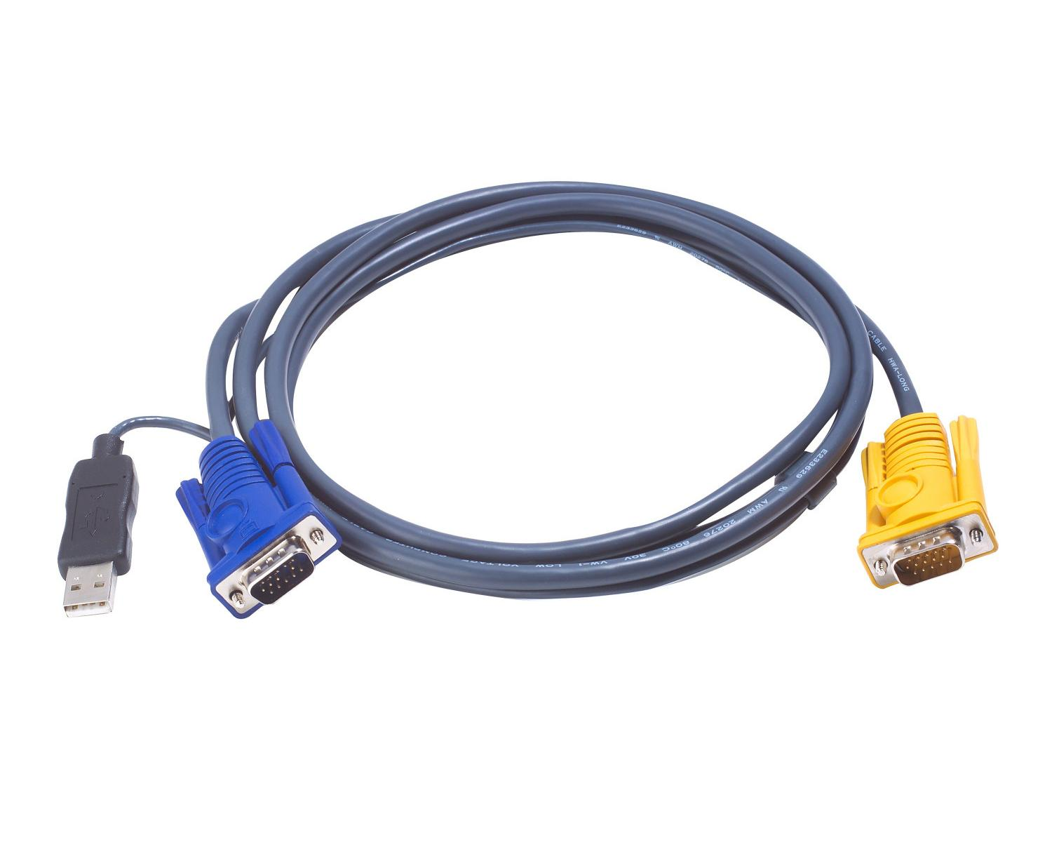 Cavo grigio con USB e due connettori VGA, blu e giallo.