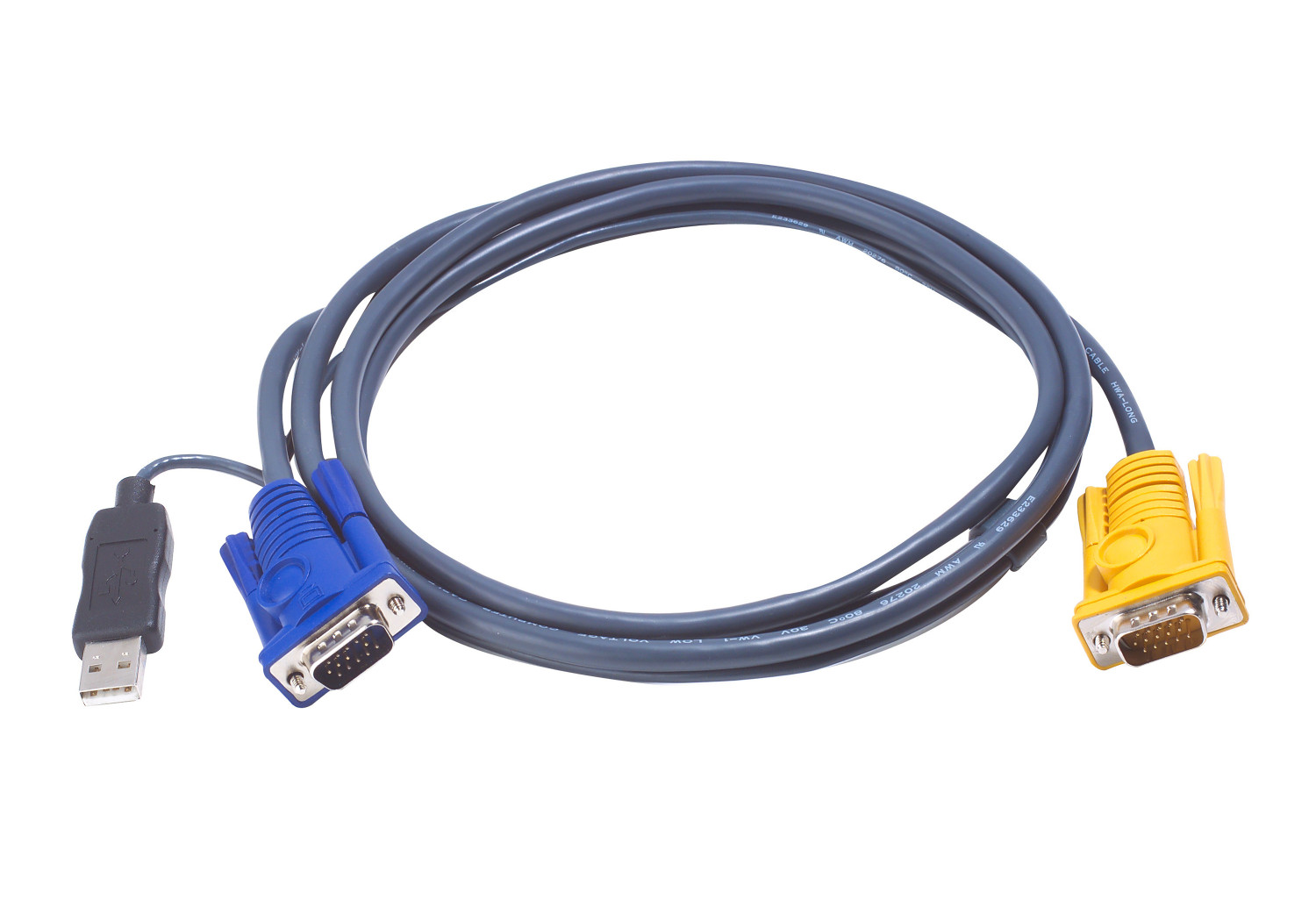 Cavo grigio con USB e due connettori VGA, blu e giallo.