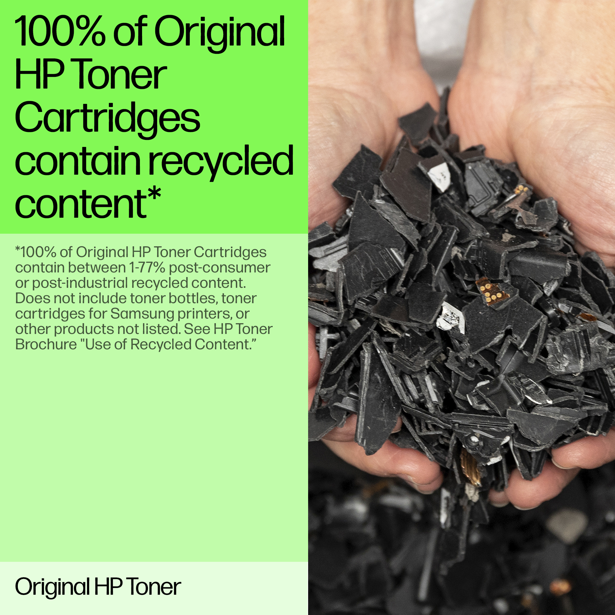 Dłonie trzymające czarny pocięty plastik z nakładką tekstową.