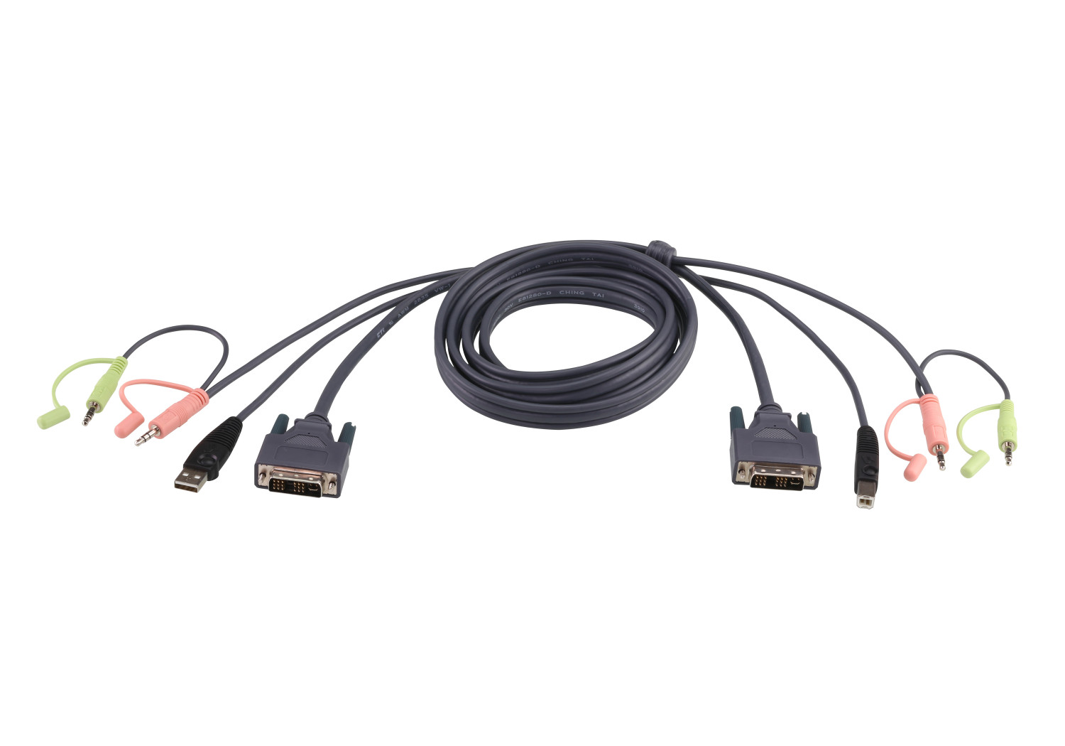 Cavo con connettori USB e DVI, con jack audio verdi e rosa.