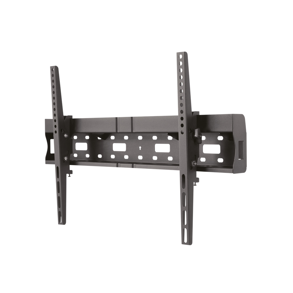 Een zwarte metalen tv-beugel geïsoleerd op een witte achtergrond. Het heeft verticale rails met montagegaten.