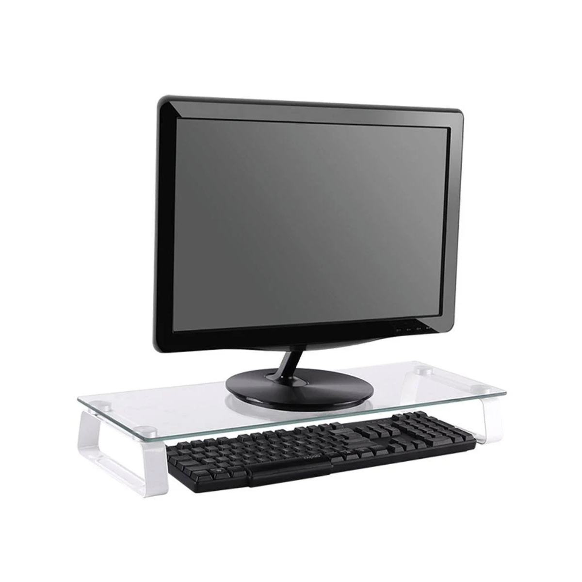 Monitor, klawiatura i podstawka pod monitor na białej powierzchni. Klawiatura jest poniżej monitora.