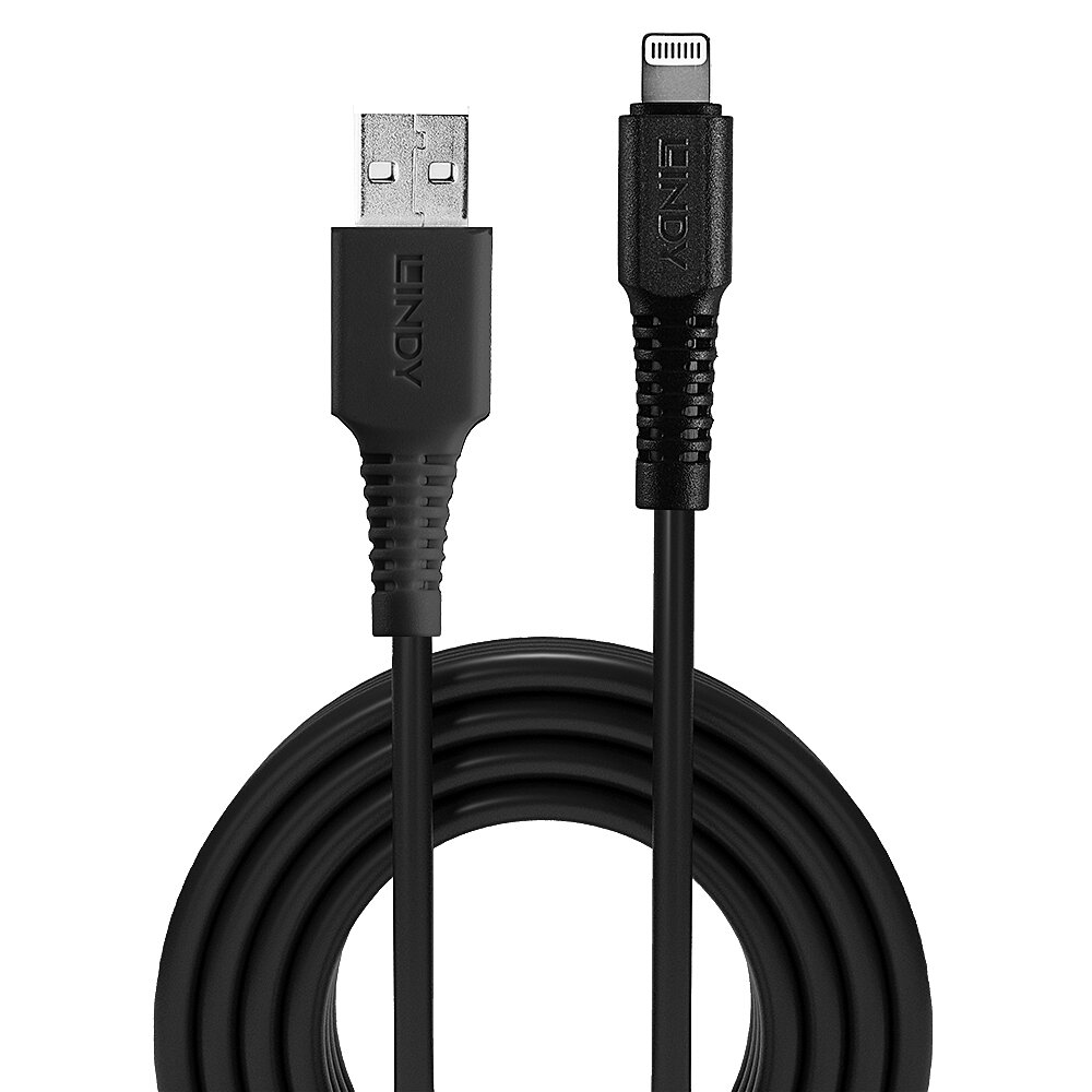 Czarny kabel USB do Lightning, na białym tle.