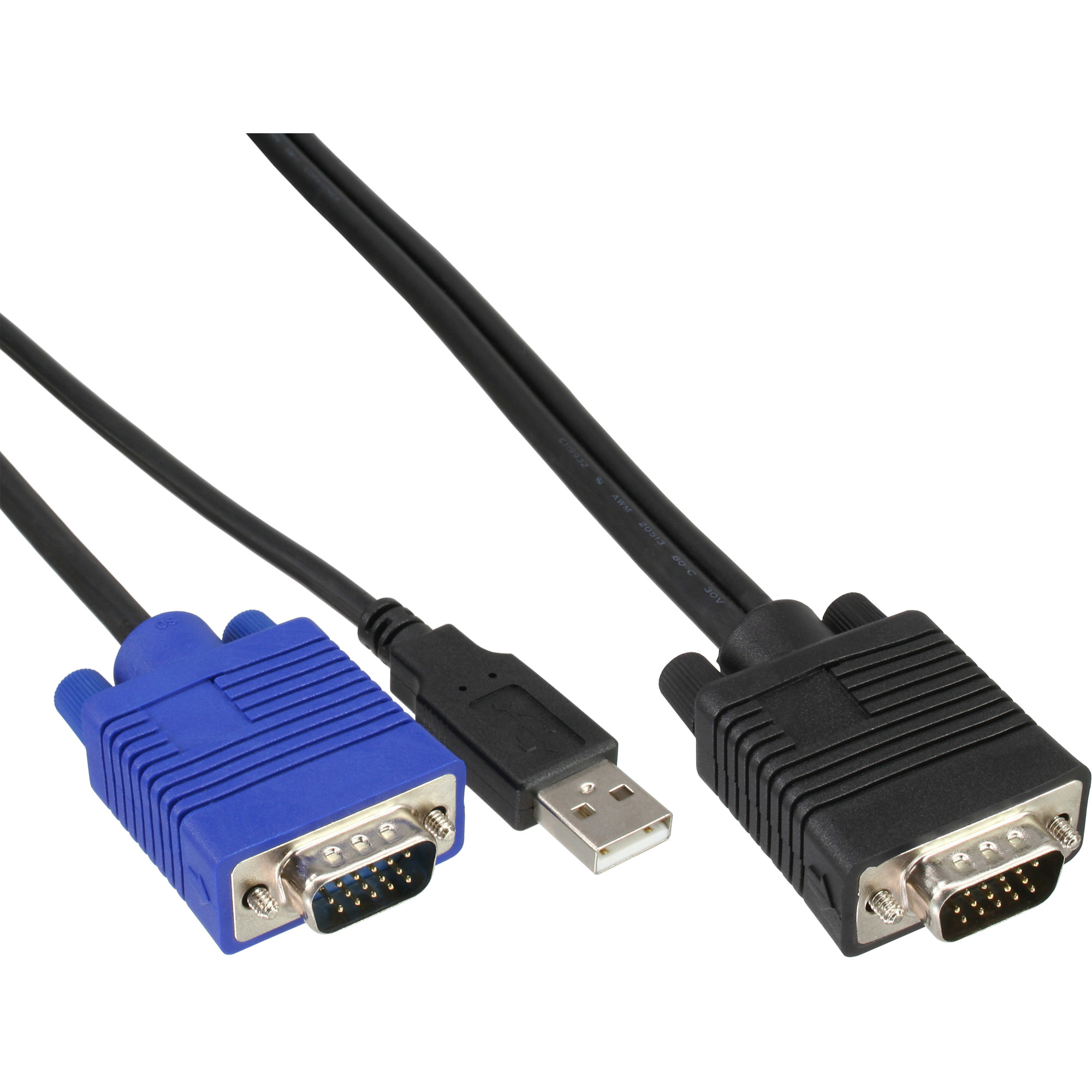 Tre cavi per computer. Connettori blu e neri. Connettore USB al centro.