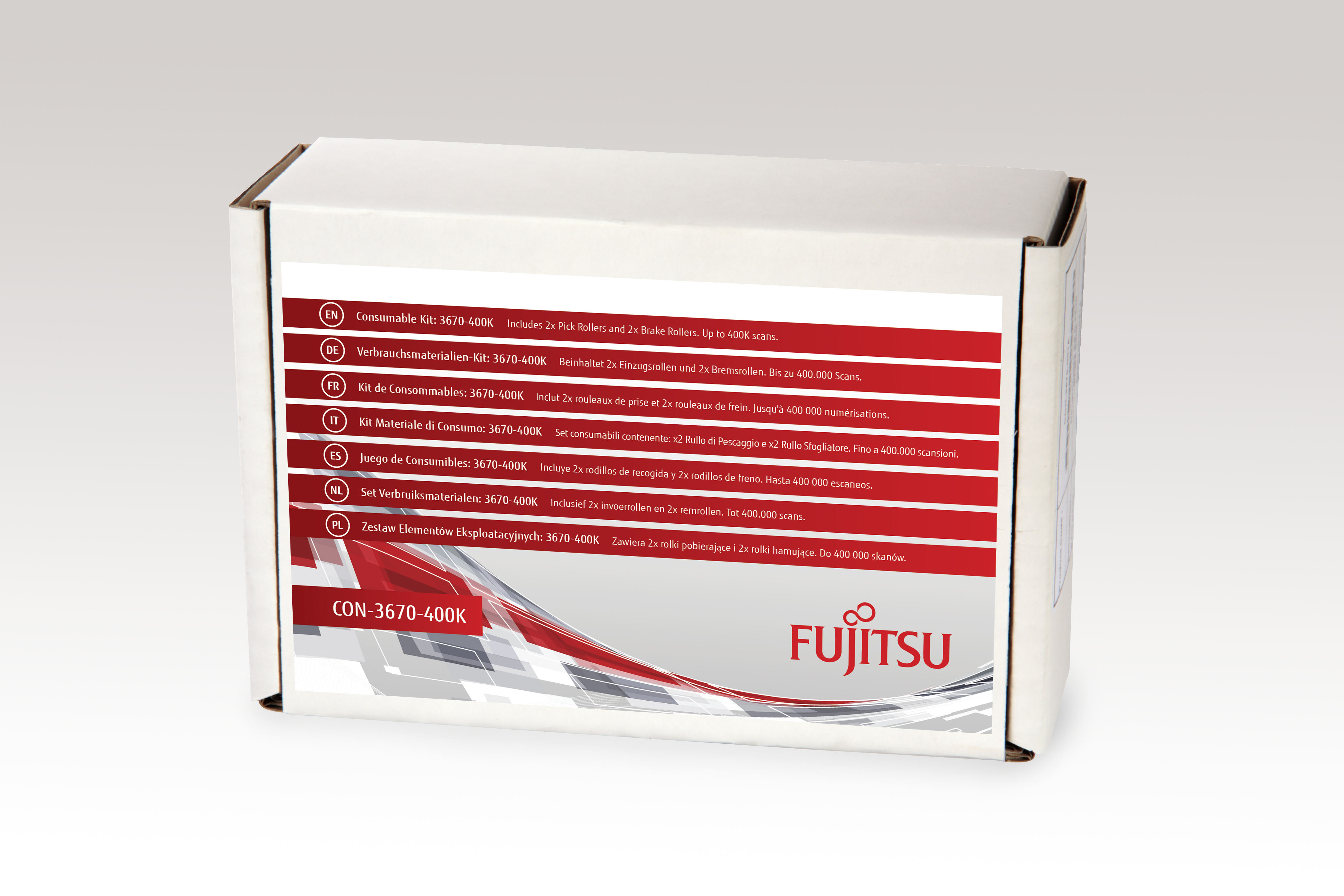 Scatola con testo multilingue, accenti rossi e bianchi, logo Fujitsu.