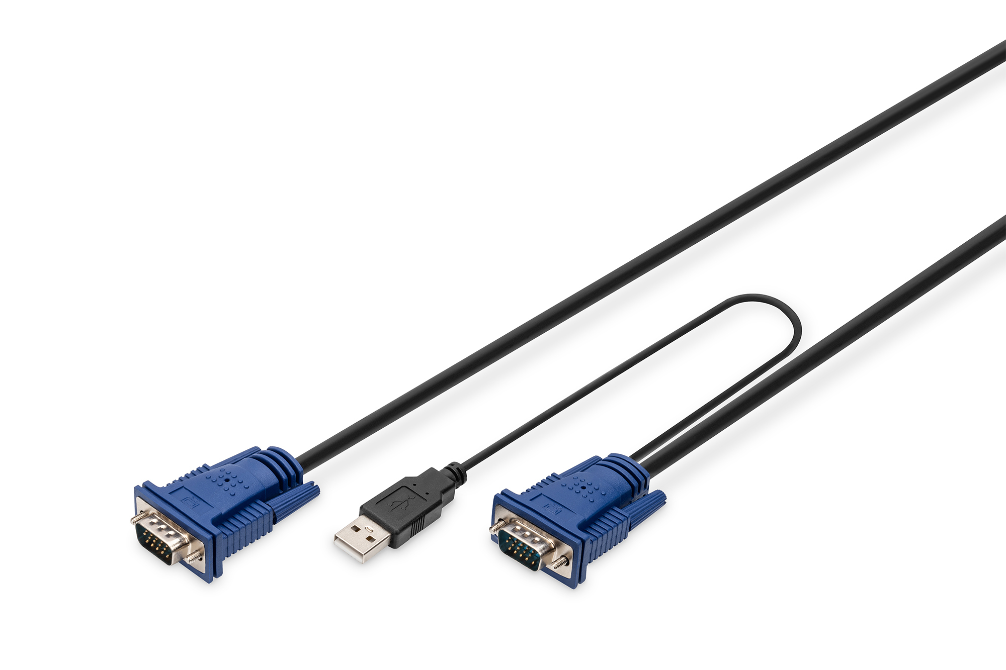 Cavi con connettori USB e VGA su sfondo bianco.