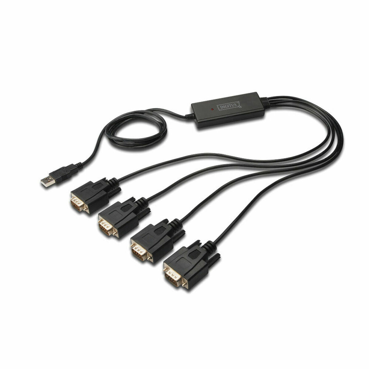 Adattatore nero con porte seriali multiple. USB a sinistra, seriali a destra.