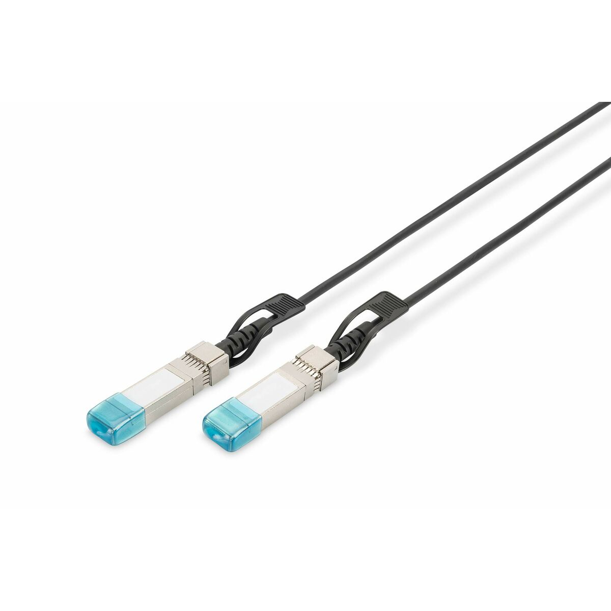 Due cavi in fibra ottica neri, ciascuno con un connettore azzurro chiaro su sfondo bianco.