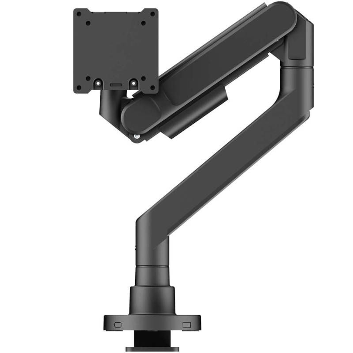 Brazo de monitor negro con soporte y base para fijación al escritorio.