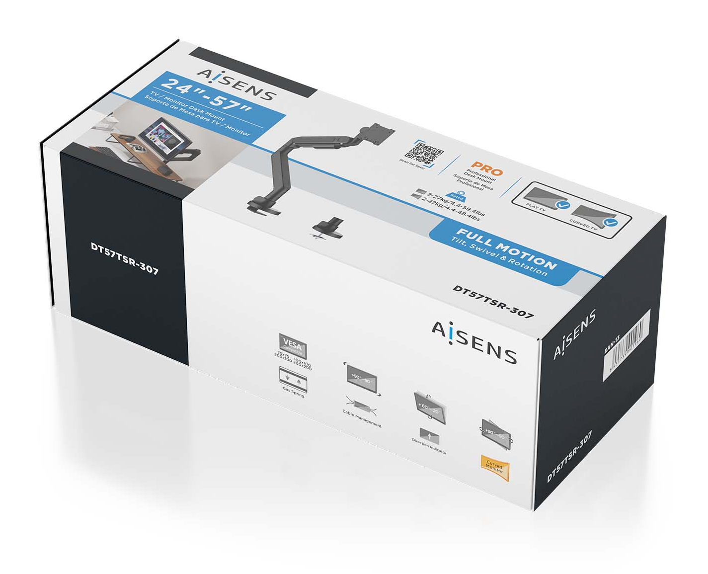 Caja para un brazo de monitor con texto e imágenes que describen sus características y compatibilidad VESA.
