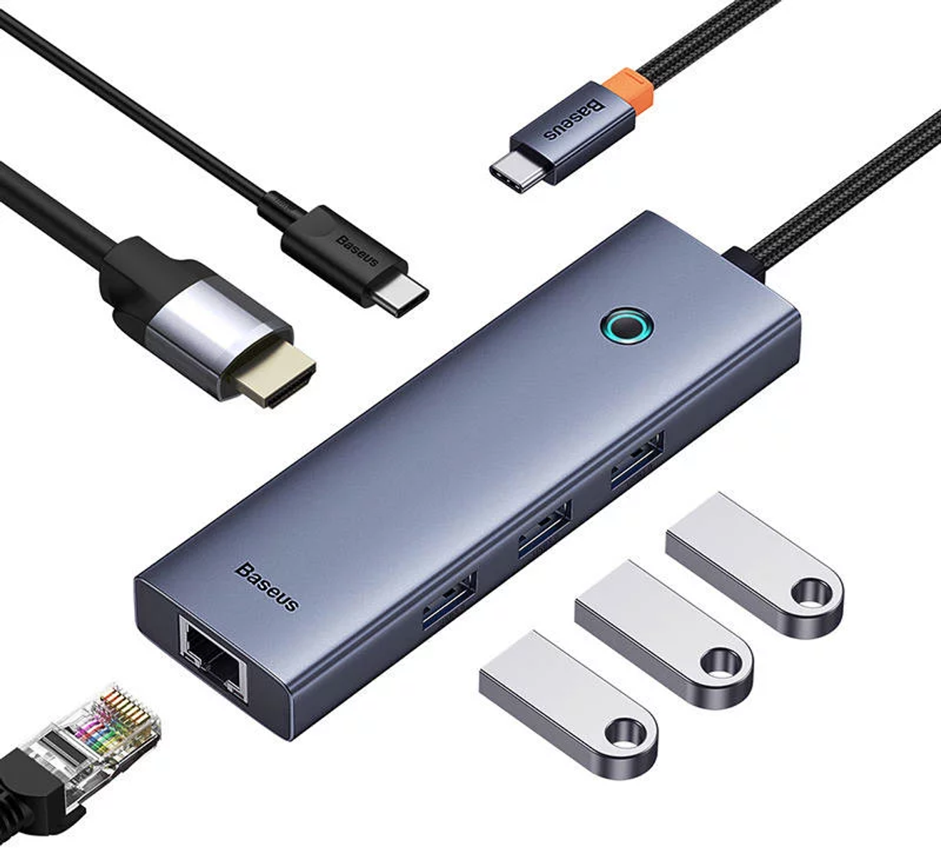 Hub Baseus con porte USB, cavi USB-C ed Ethernet e unità USB.