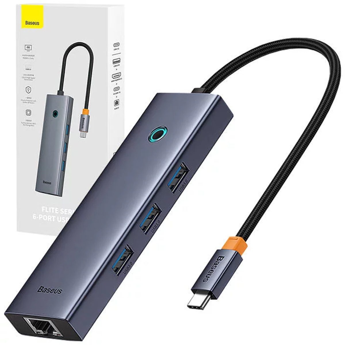 Hub USB Baseus con sei porte e connettore USB-C. L'hub è grigio con un cavo nero.