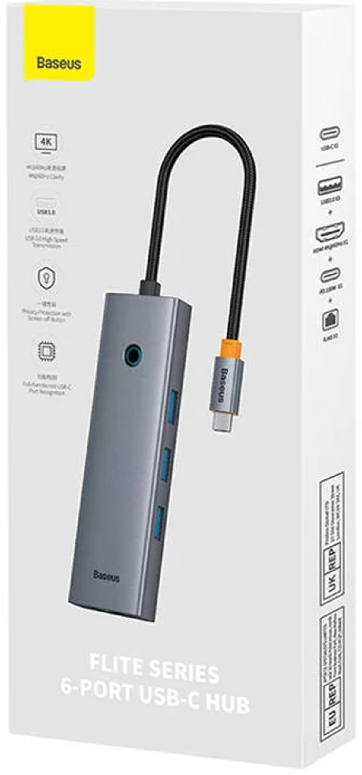 Un hub USB-C grigio con più porte, in una scatola bianca, su sfondo bianco.
