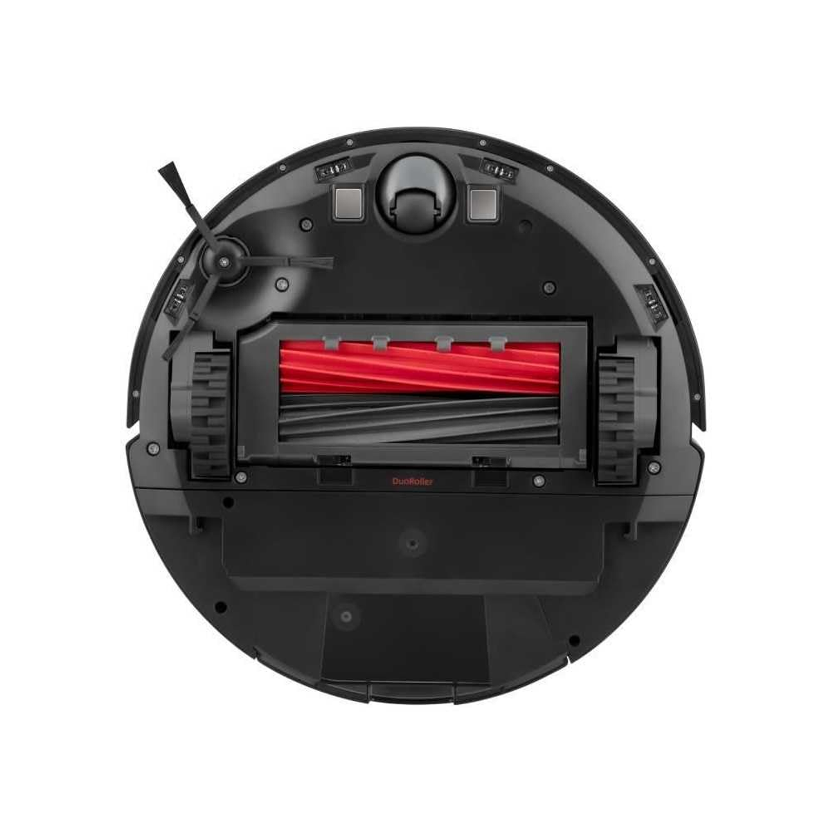 Die Unteransicht eines schwarzen Roboter-Staubsaugers. Er hat eine rote Walzenbürste und eine kleine Seitenbürste.