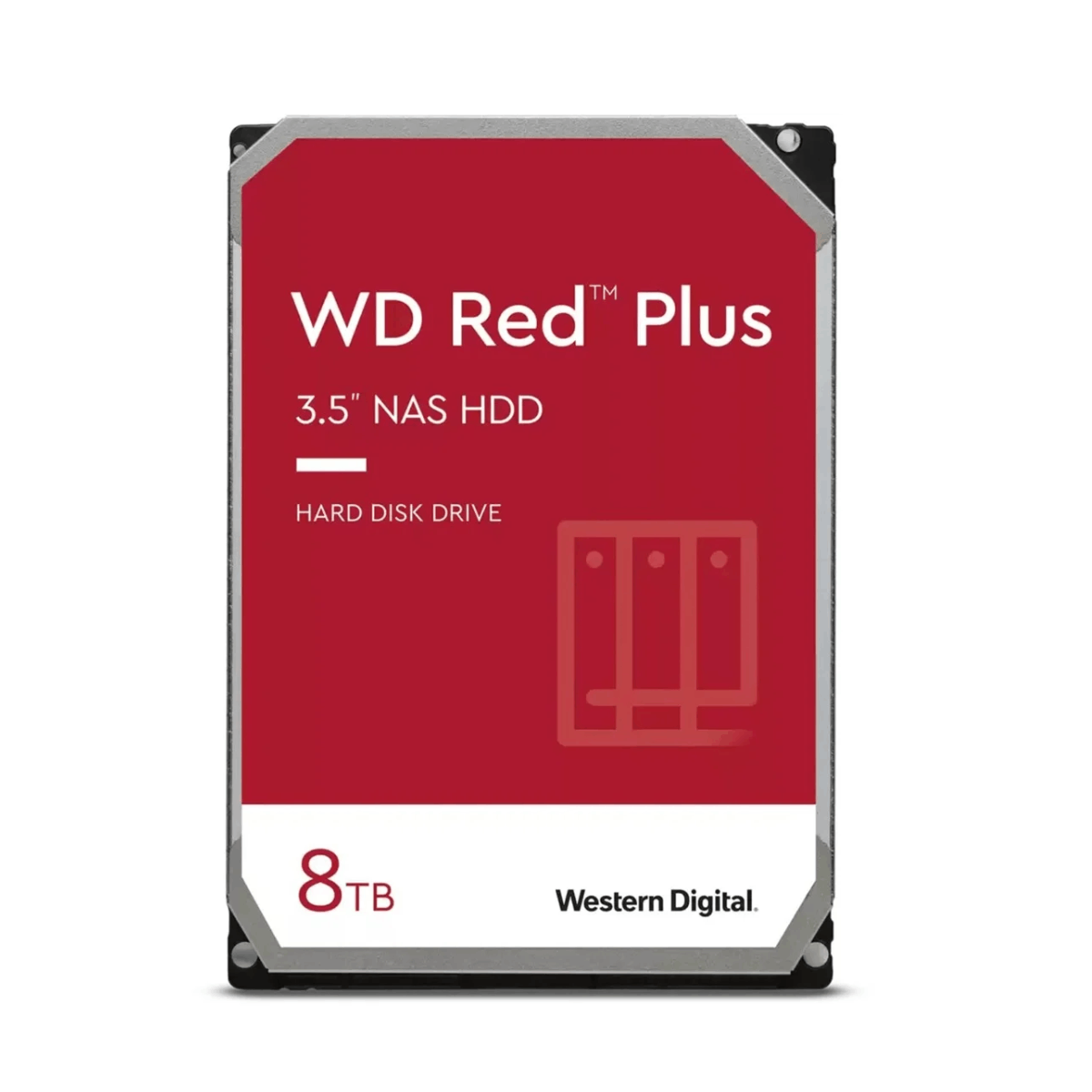 WD Red Plus 8TB 3,5" NAS HDD, z czerwoną etykietą i logo Western Digital.