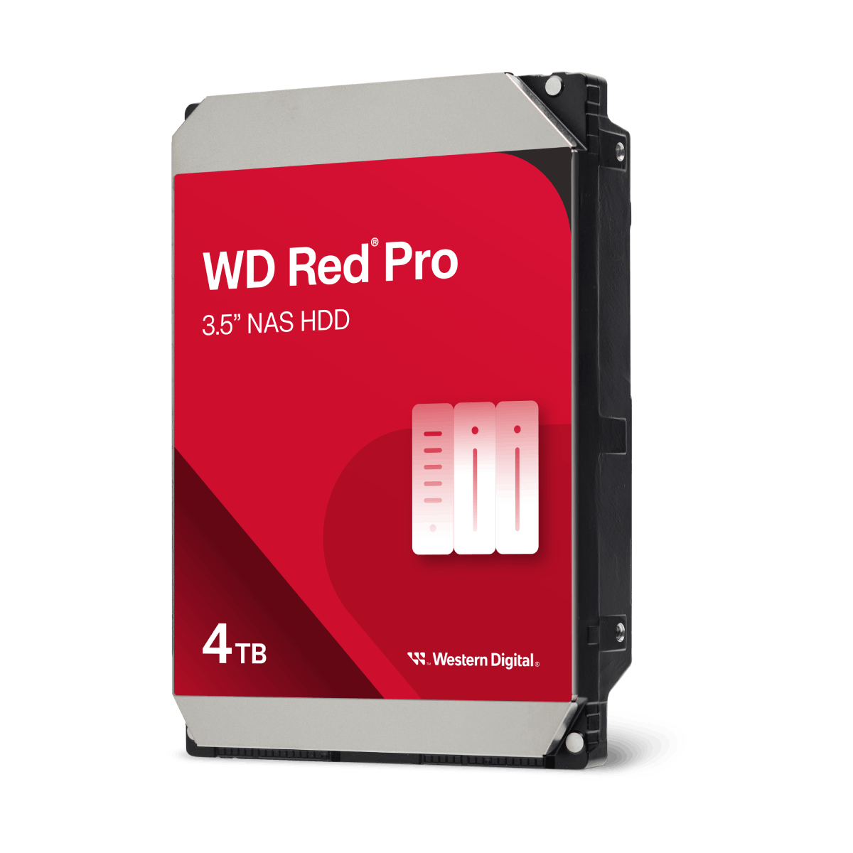 WD Red Pro 3.5" NAS HDD. Pojemność 4 TB. Czerwona i biała etykieta. Czarny dysk twardy.