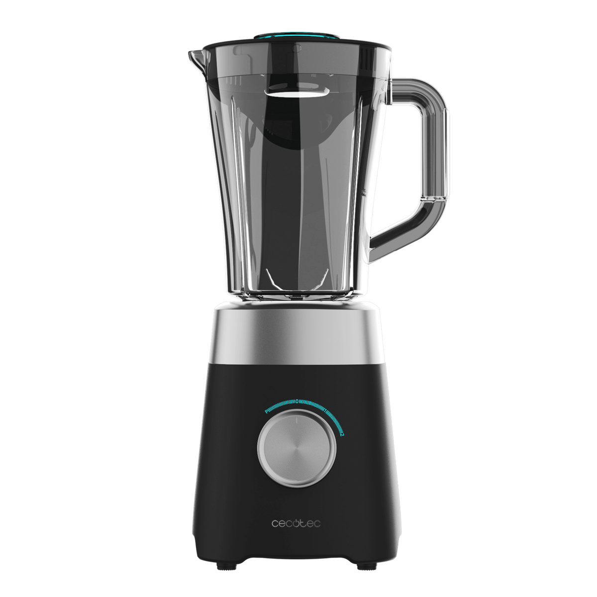 Ein schwarzer Mixer mit silberfarbenem Sockel und einem transparenten Behälter. Der Bedienknopf ist mittig.