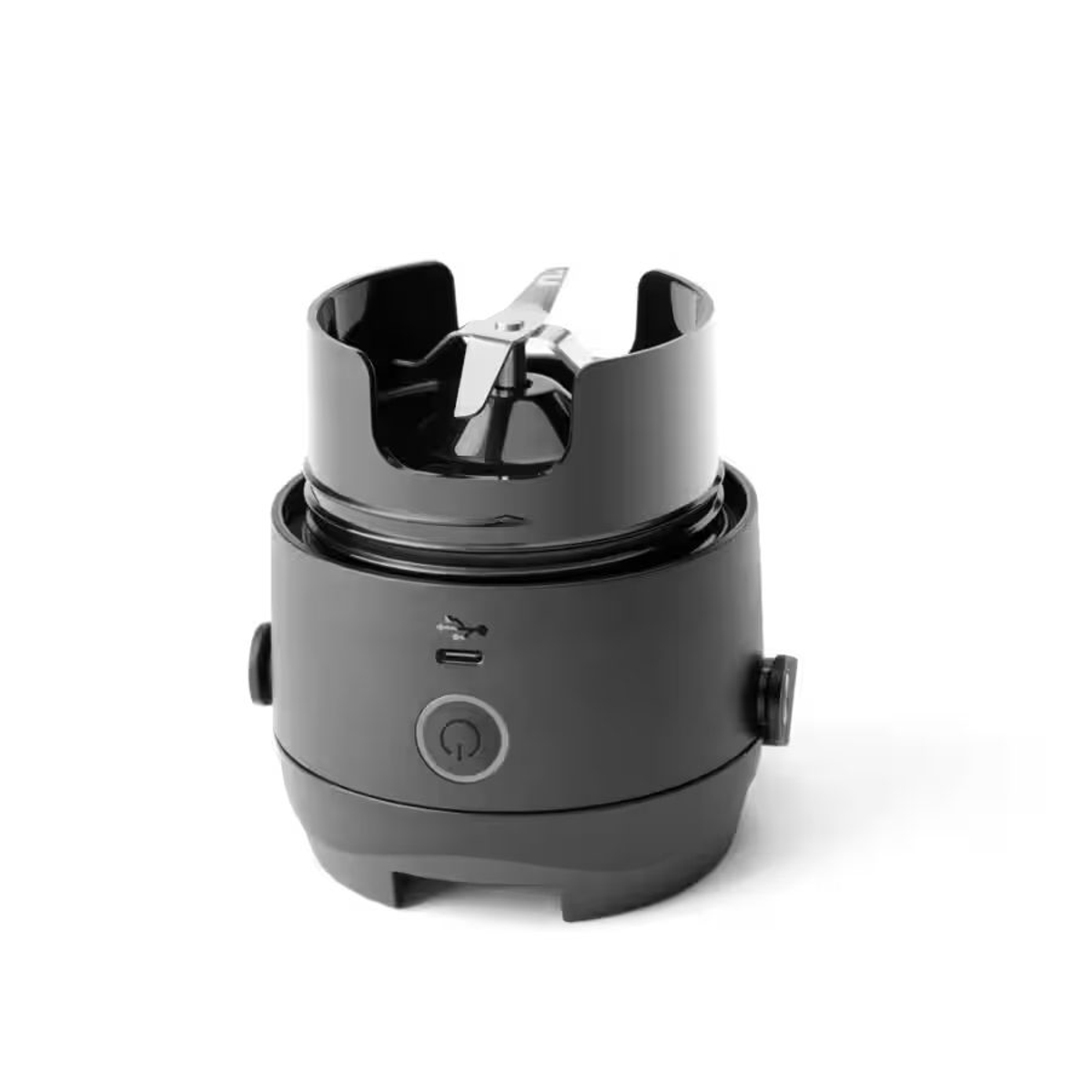 Schwarzer Mini-Mixer mit Klingen und Ein-/Aus-Taste.