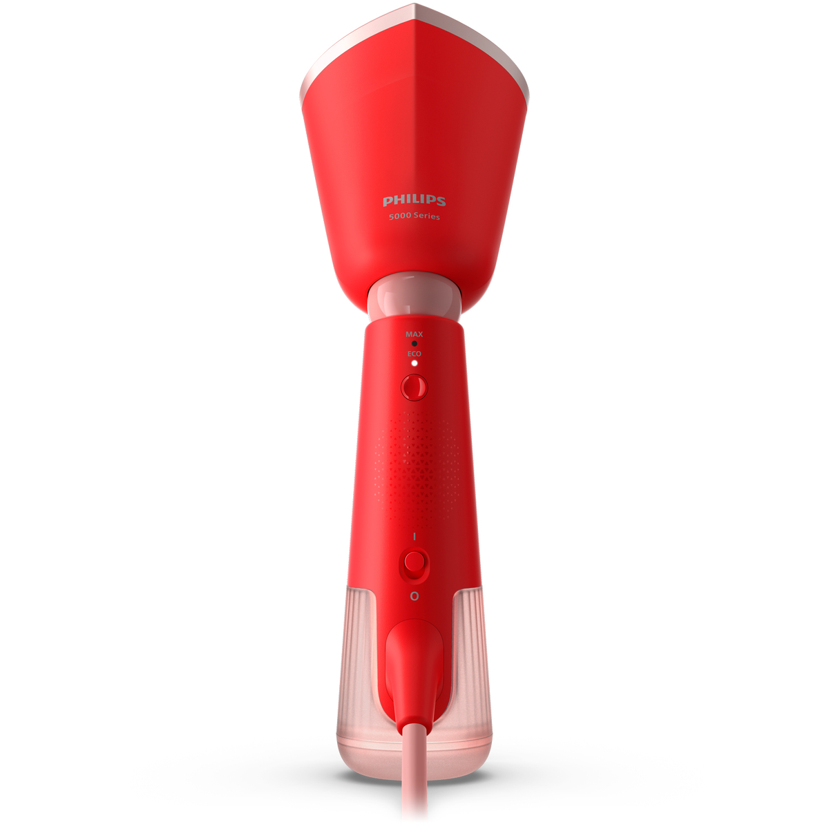 Ein roter Philips Hand-Dampfgarer mit Einstellrad und rosa Kabel.