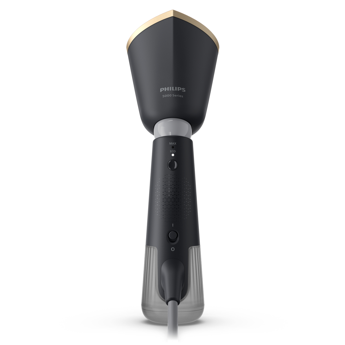 Czarny i złoty parownik do odzieży. Seria Philips 5000. Białe tło.