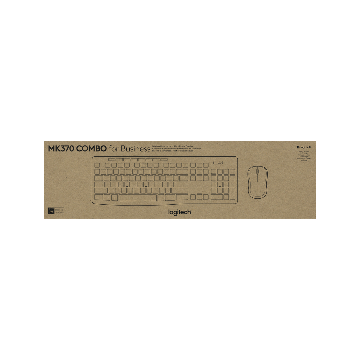 Opakowanie klawiatury i myszy Logitech MK370 Combo for Business, z obrysem produktu.