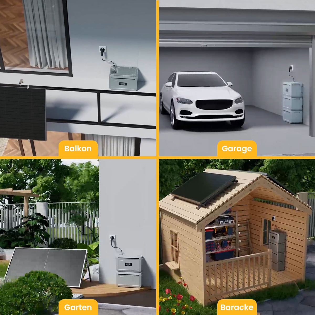 Vier Bilder von Solaranlagen: Balkon, Garage, Garten und Baracke, alle mit Energiespeichern.