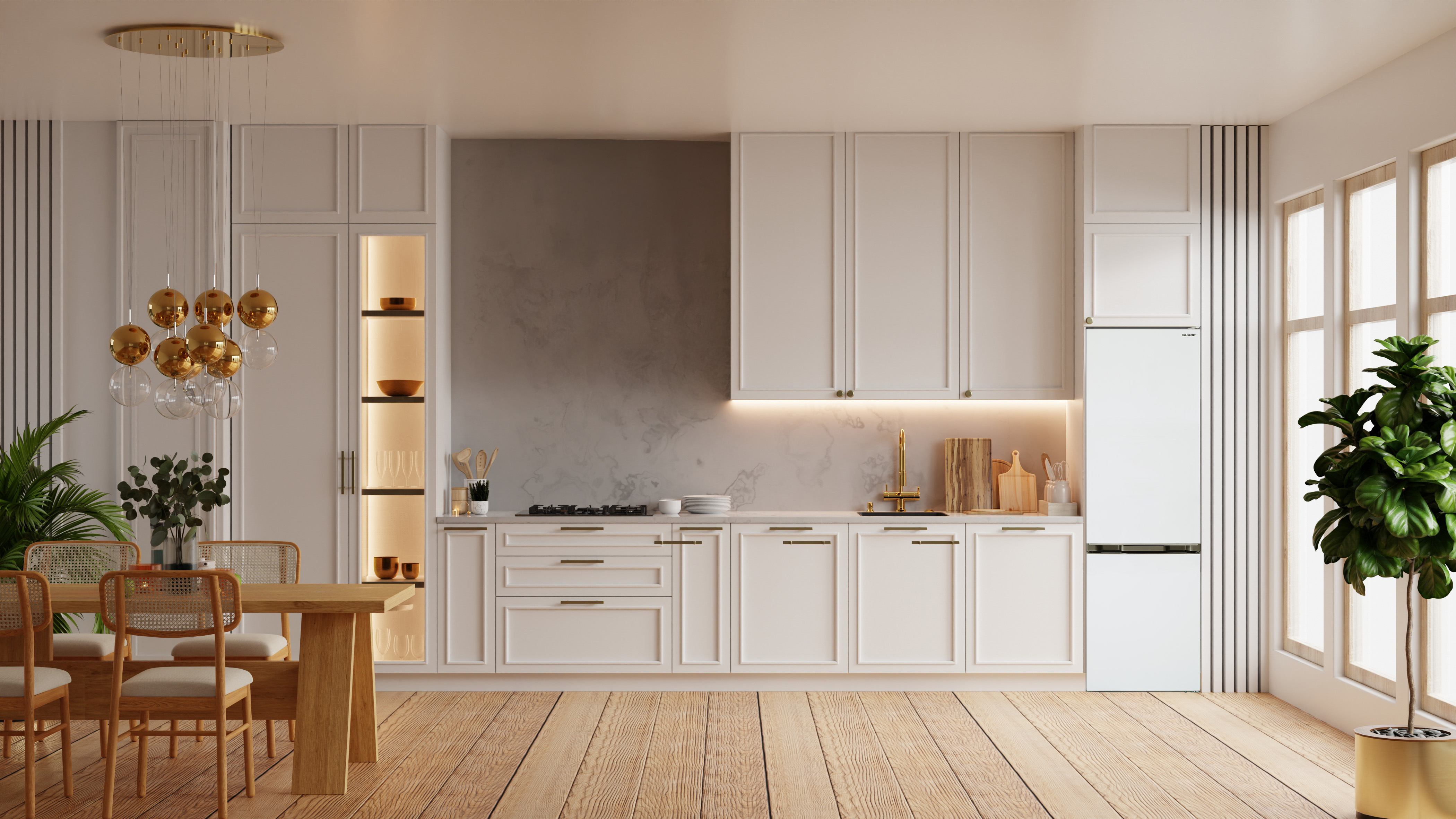 Modern kitchen interior with white cabinets and wooden floor.