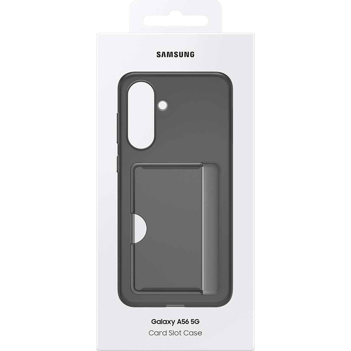 Samsung Galaxy A56 5G telefoonhoes met een kaartsleuf, verpakt in een witte doos met "SAMSUNG" erop gedrukt.