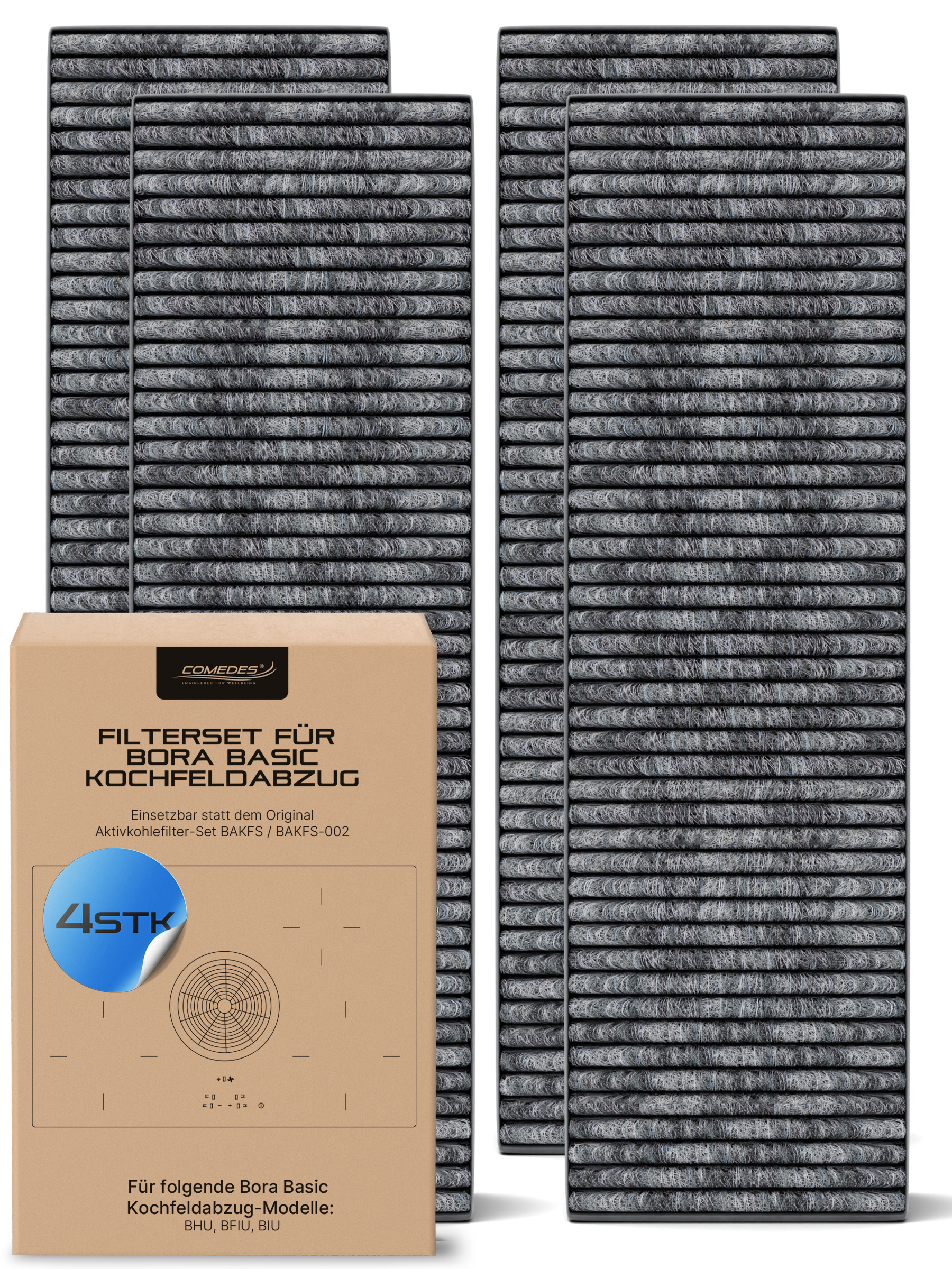 Filter und eine Box mit Text, verwendet für eine Basis-Kochfeldhaube.