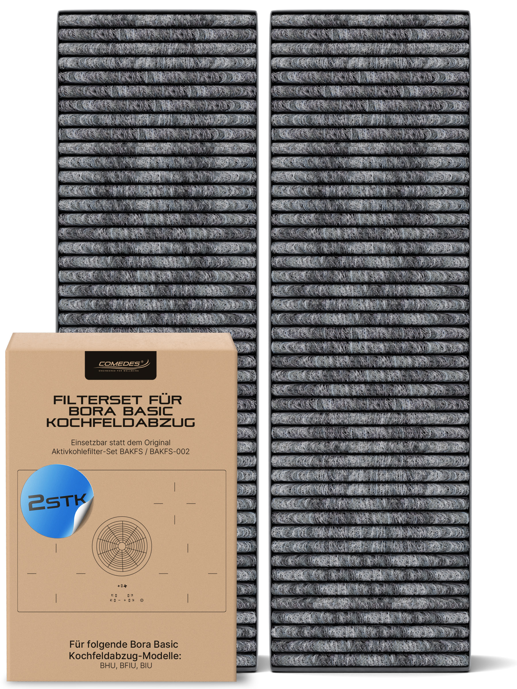 Filter für einen Bora Basic Kochfeldabzug. Zwei graue Filter und ein Karton mit Produktinformationen.