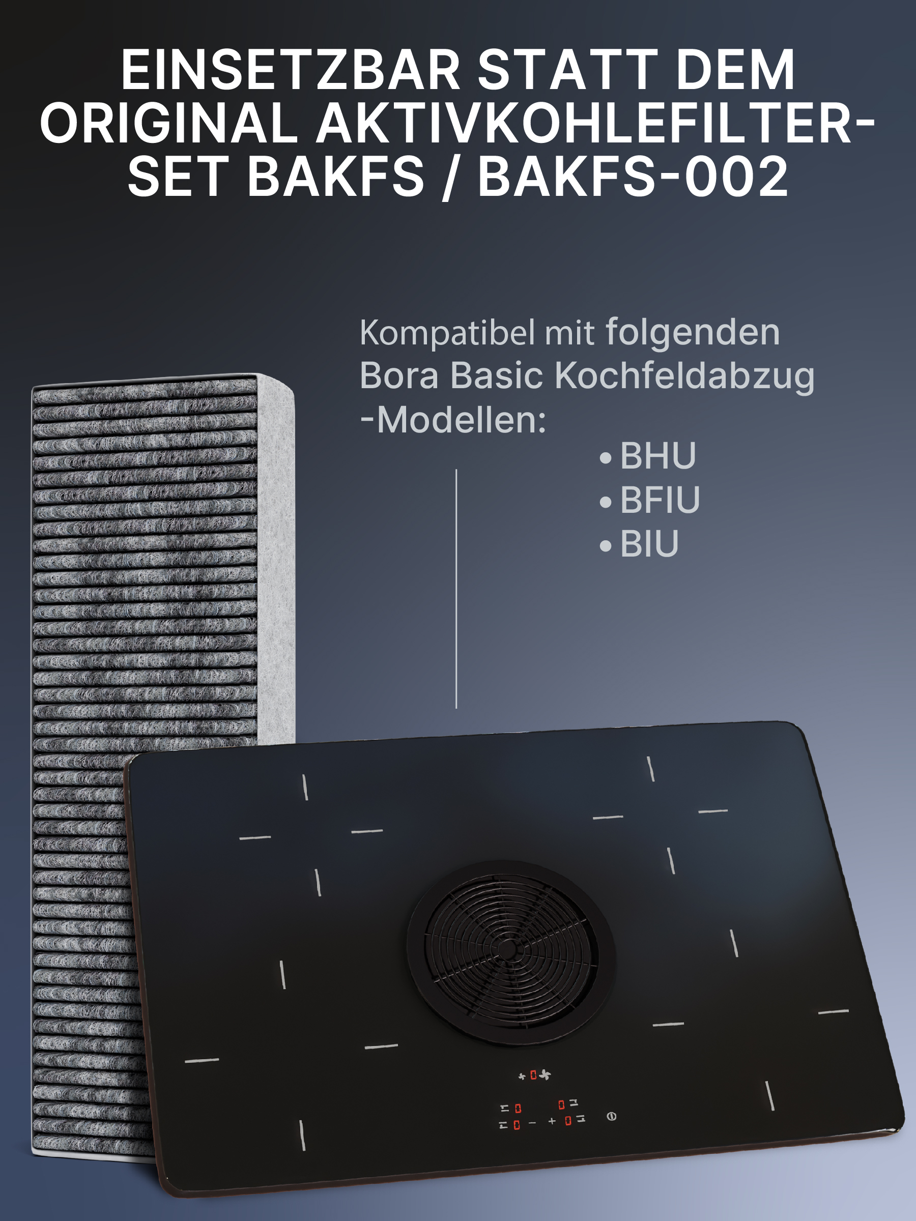 Ein schwarzes Kochfeld mit Filter und Text zur Kompatibilität mit Bora Basic-Modellen.