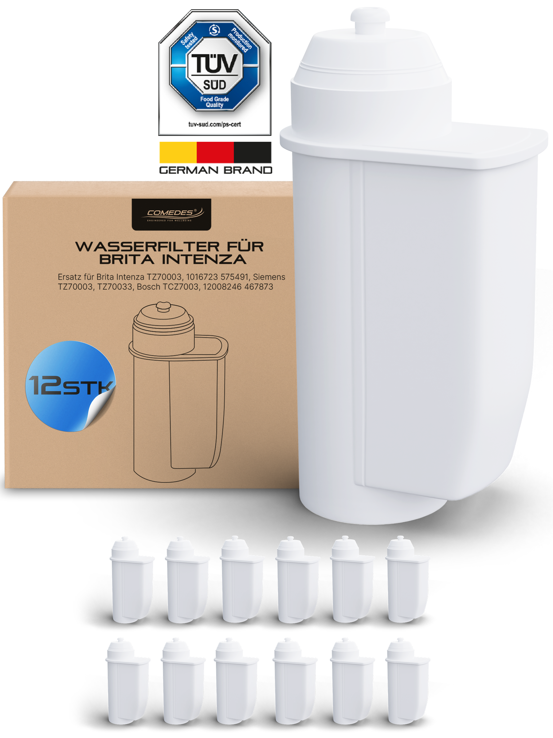 Box und weißer Wasserfilter mit 12 Filtern. Deutsche Marke, TÜV SUD Zertifizierung.