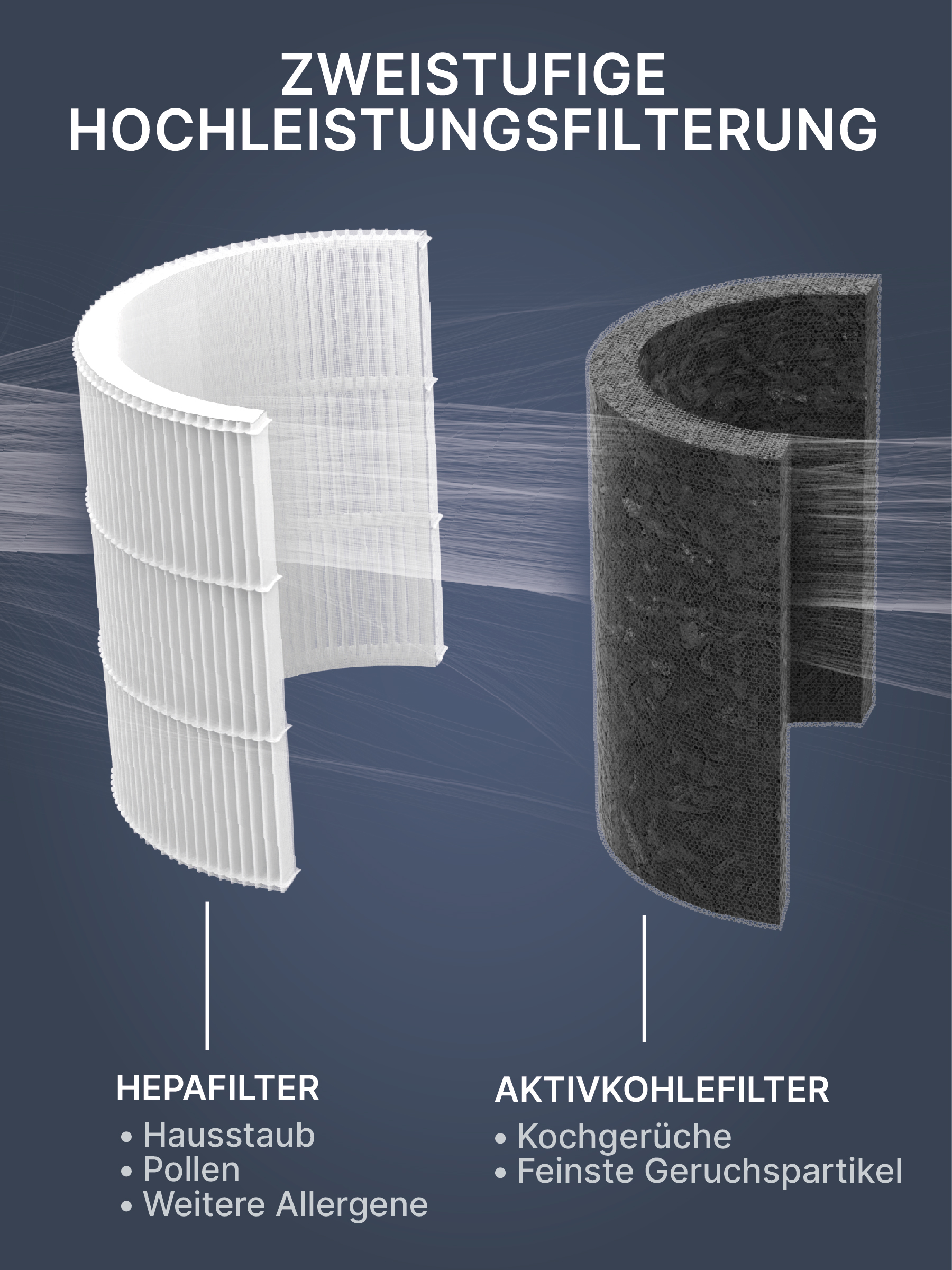 Luftfilter-Diagramm: HEPA-Filter und Aktivkohlefilter, mit Beschriftungen und Text.