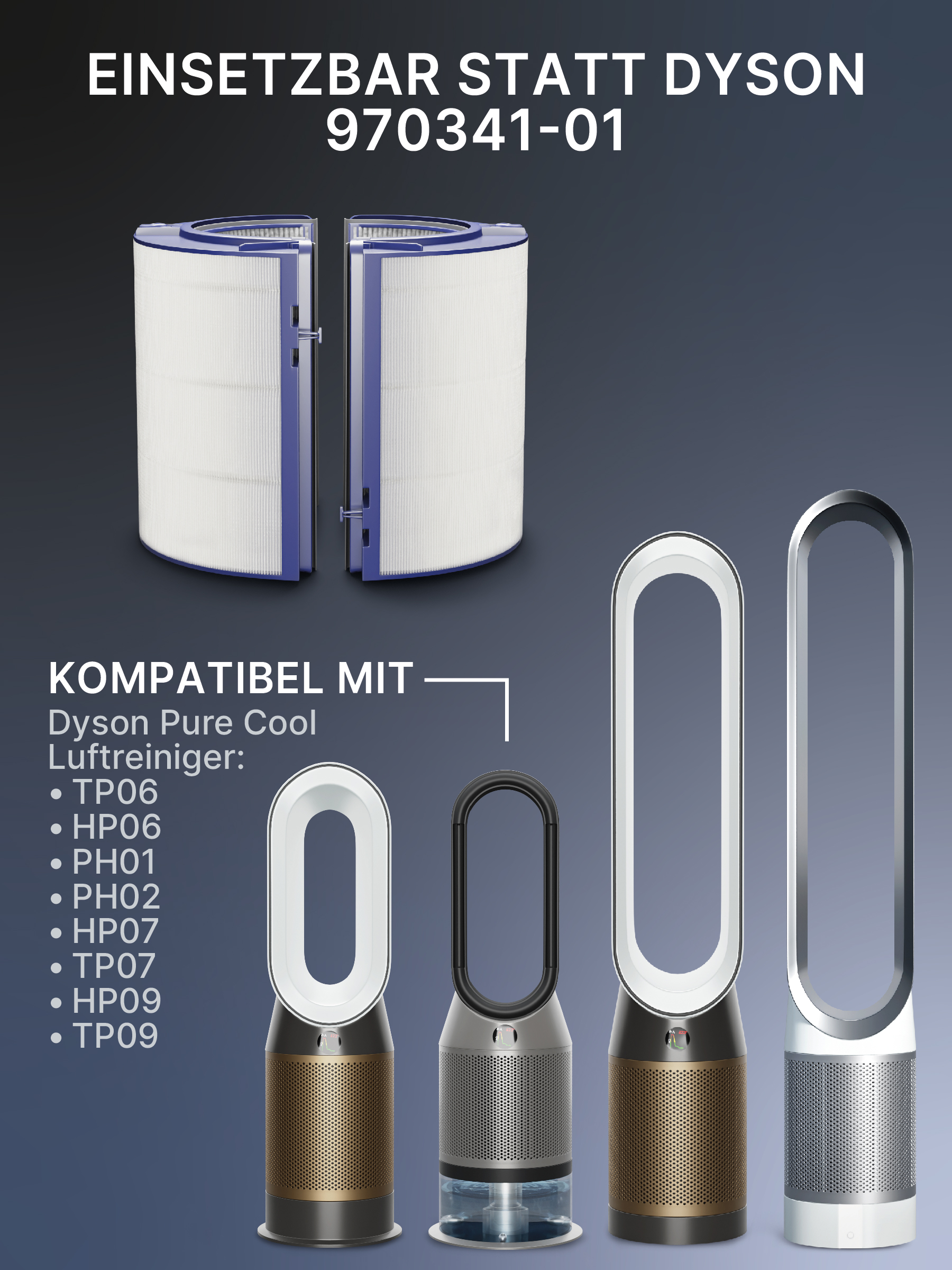 Luftfilter und Dyson-Geräte. Text zeigt Kompatibilität und Spezifikationen.
