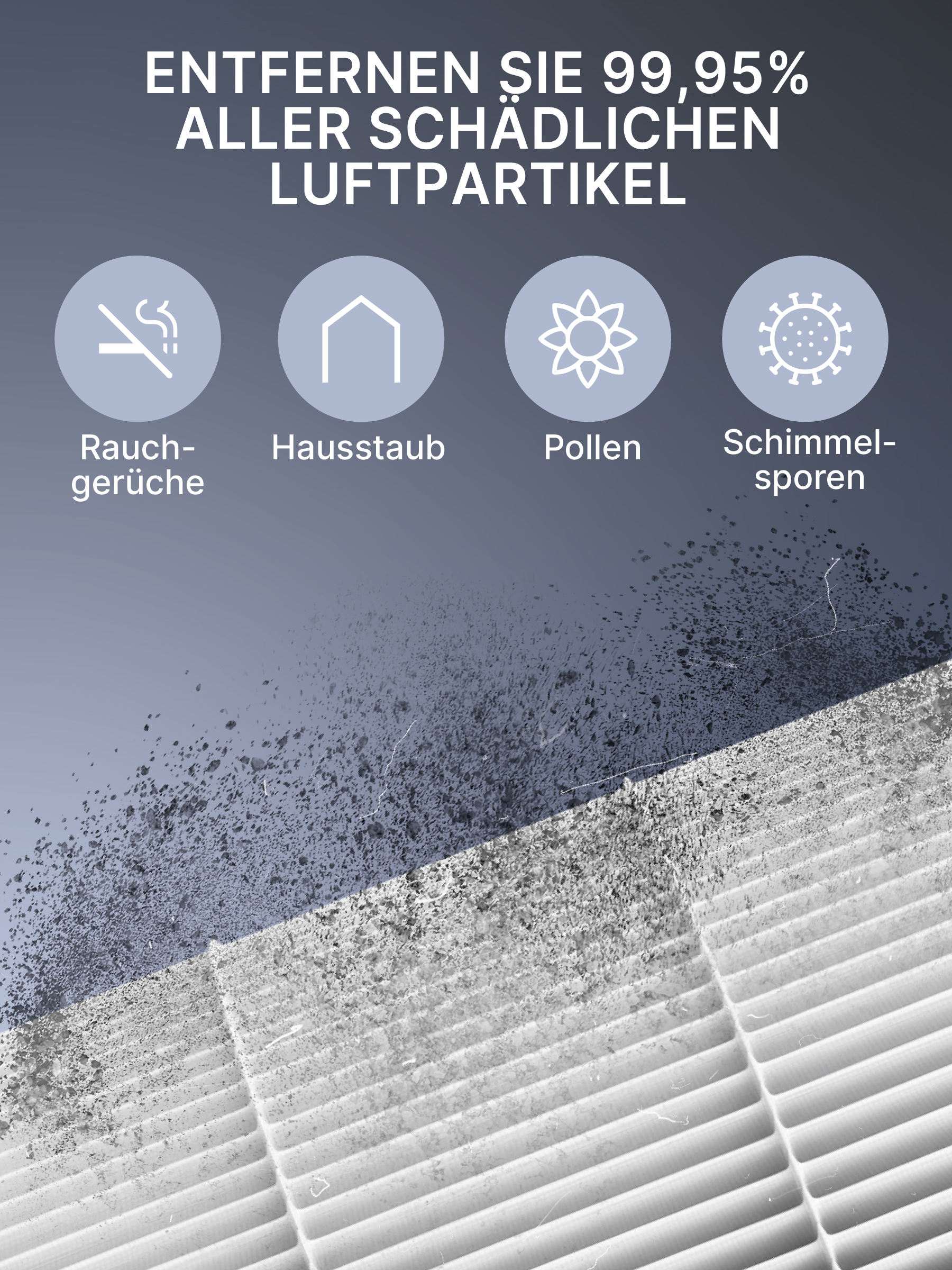 Bild zeigt Filter mit Luftverschmutzungssymbolen und Text auf Deutsch.
