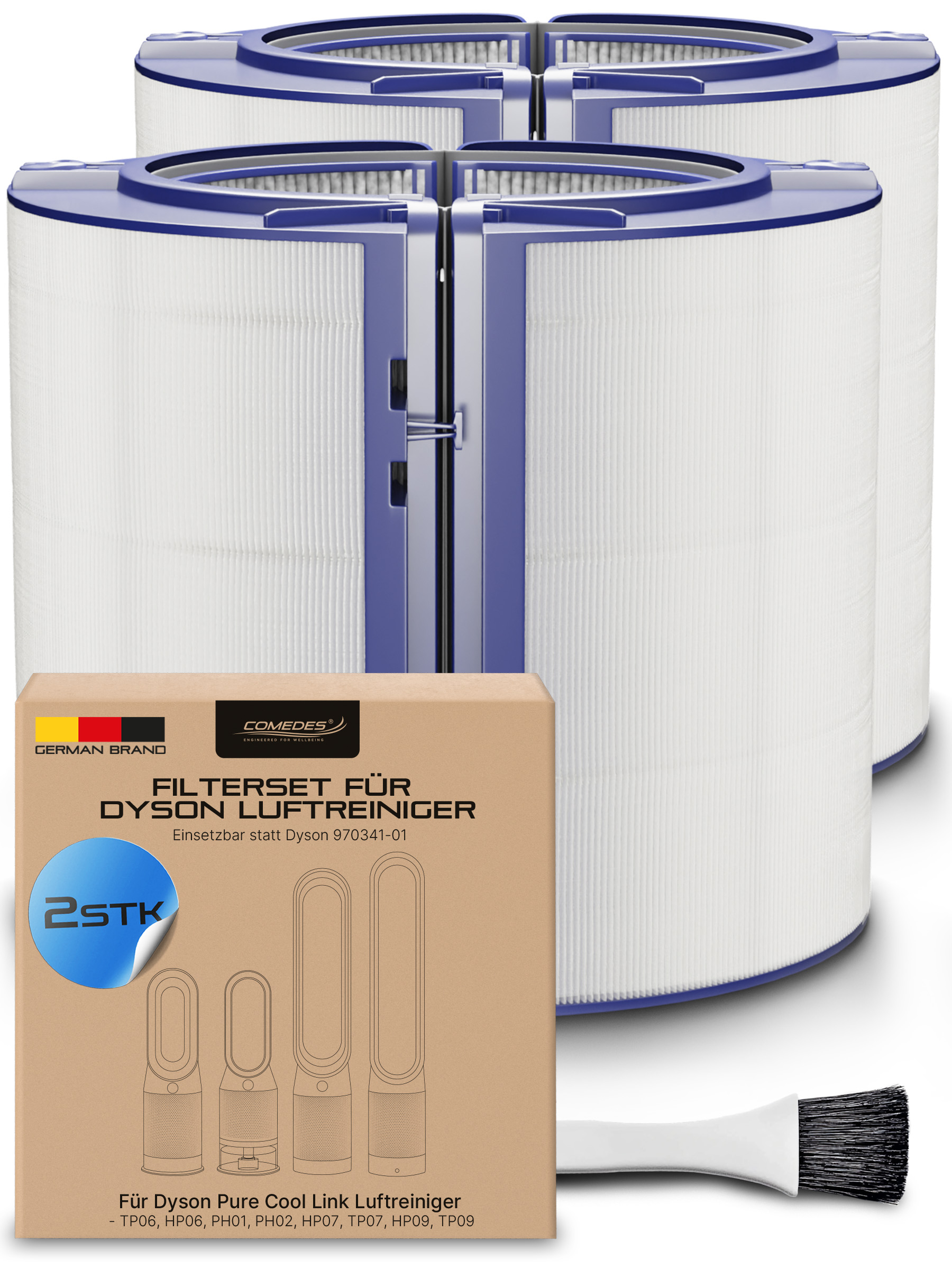 Drei Luftfilter mit einer Box und einem Pinsel. Die Filter sind weiß und blau.