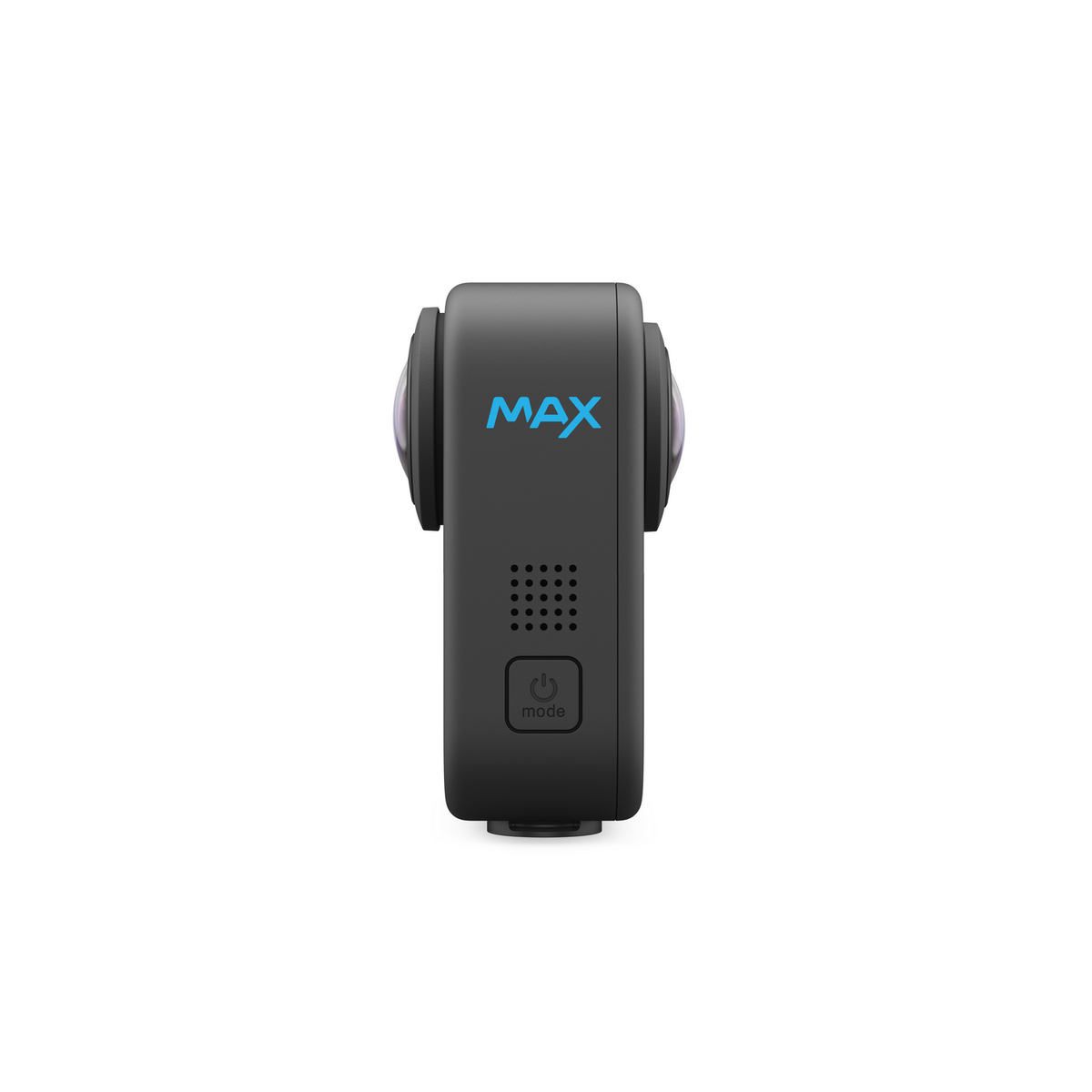 Fotocamera GoPro Max nera con pulsanti MAX e modalità. È una fotocamera a 360°.