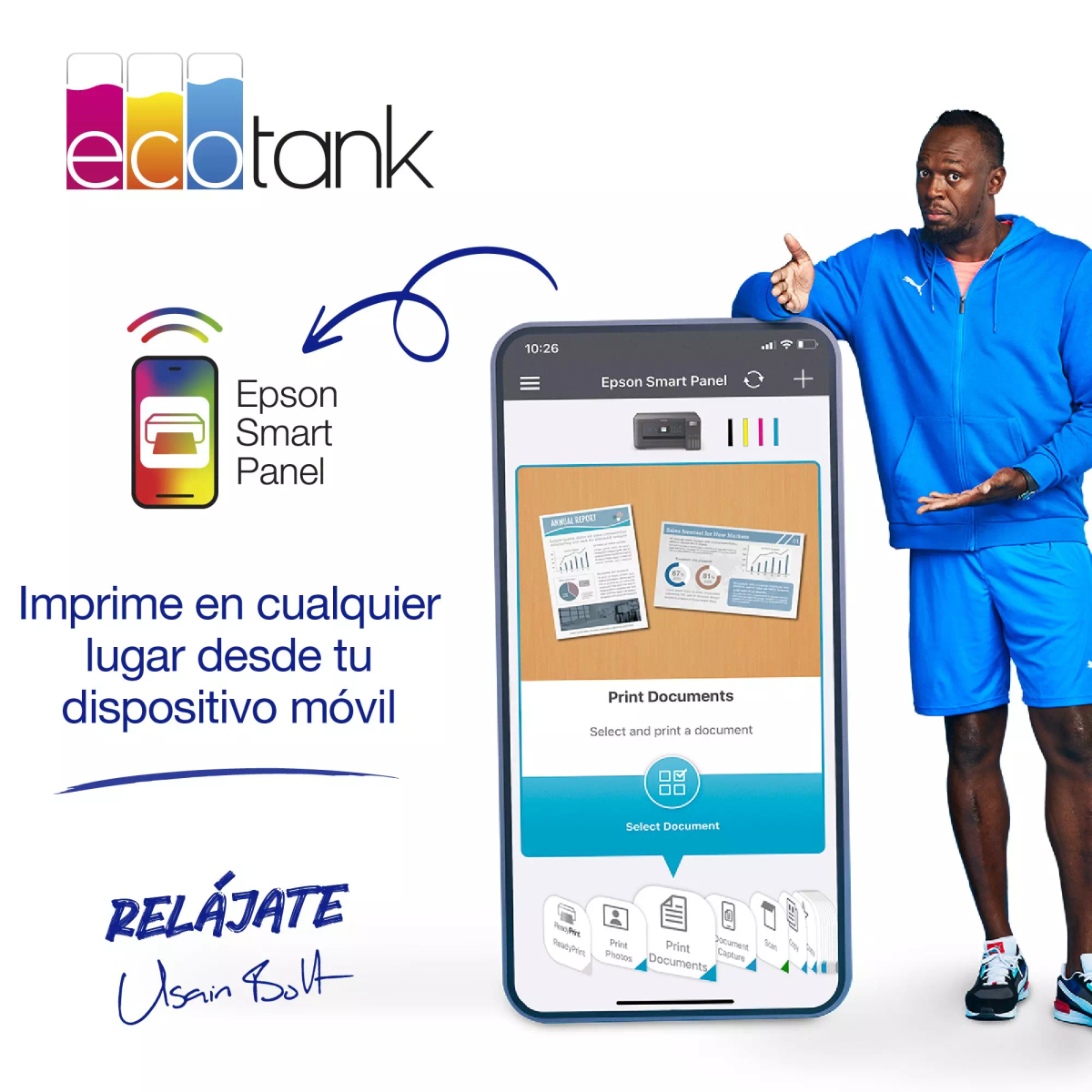 Usain Bolt trzyma telefon z aplikacją drukarki Epson, promując drukowanie mobilne.
