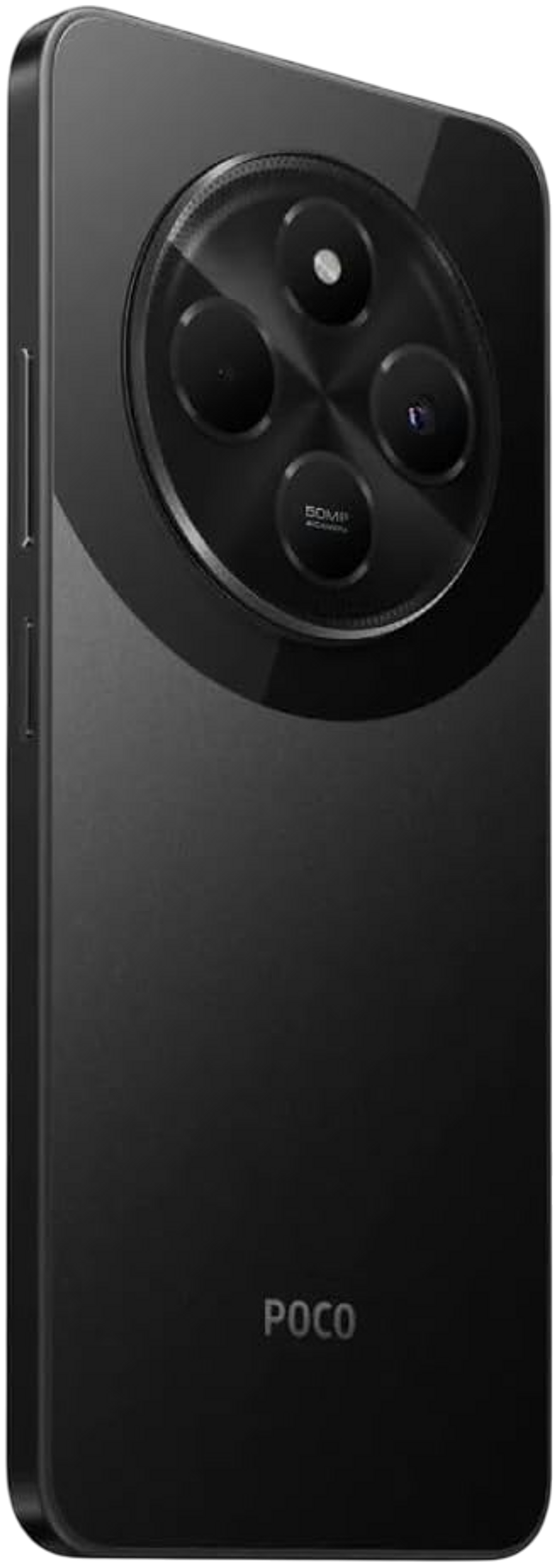 Teléfono POCO negro. El teléfono está sobre un fondo negro. La parte trasera tiene un diseño de cámara circular.