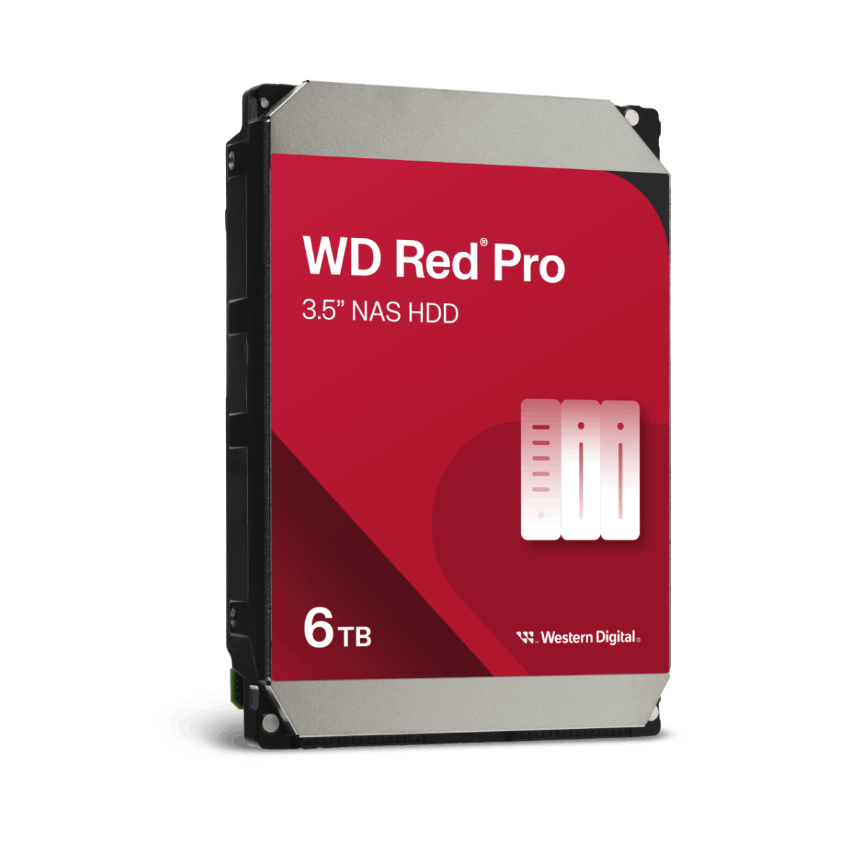 Czerwony i czarny dysk HDD NAS WD Red Pro 6TB. Biały tekst i grafika na czerwonej etykiecie. Czarne tło.