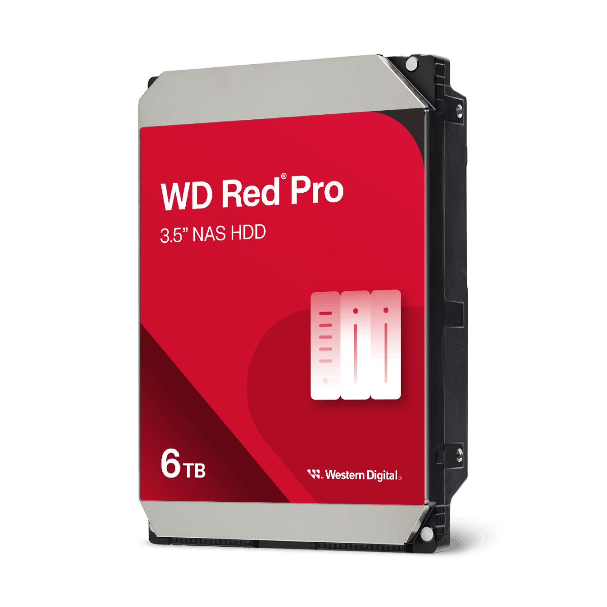 WD Red Pro 3,5" NAS HDD, 6 TB, z czerwoną etykietą i białym logo na czarno-szarej obudowie.