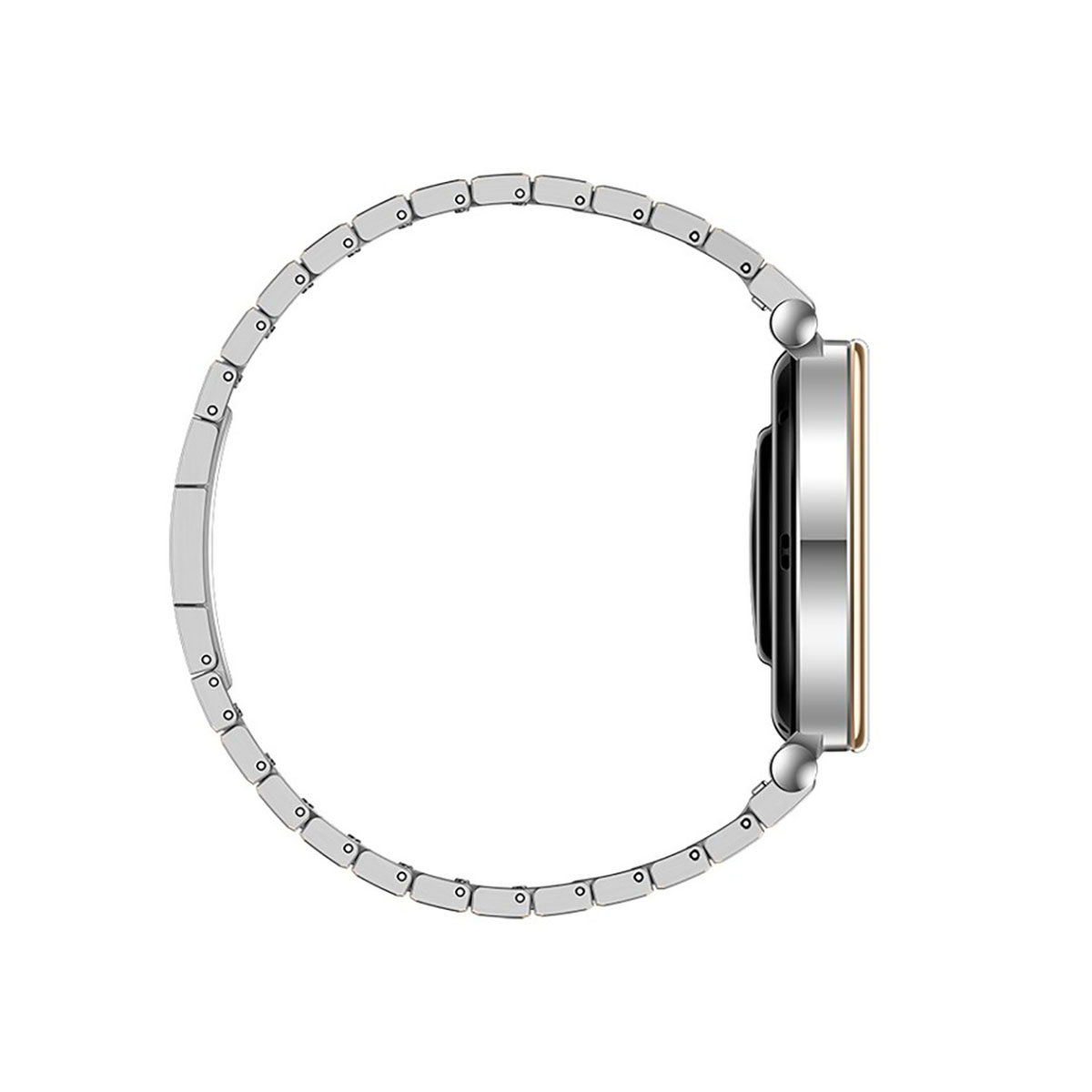 Widok z boku srebrnego smartwatcha z metalową bransoletą, na białym tle.